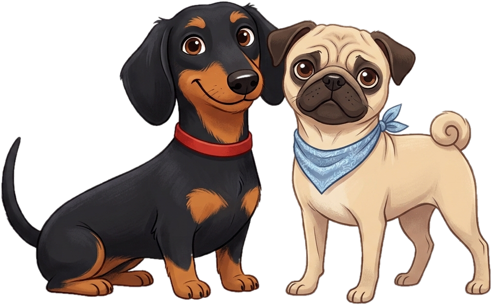 Un perro salchicha y un pug de pie, juntos